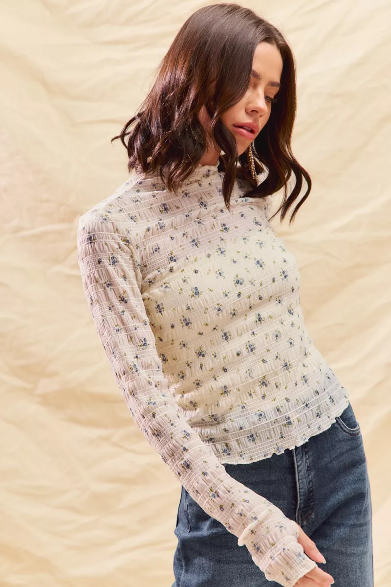 Floral Print Textured Long Sleeve Knit Top, image 10