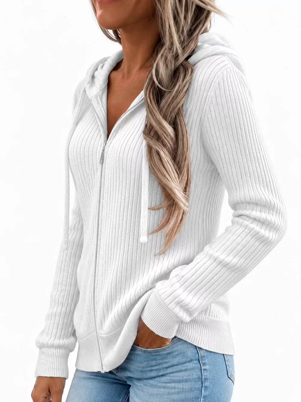 Full Size Ribbed Knit Zip-Up Hooded Cardigan Plus Size, image 2