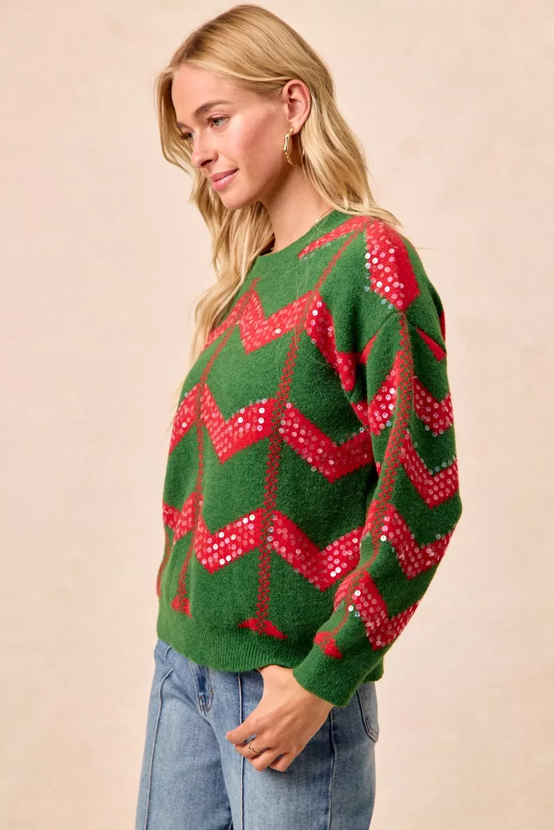 Christmas Theme Chevron Sequins Detail Sweater, image 9