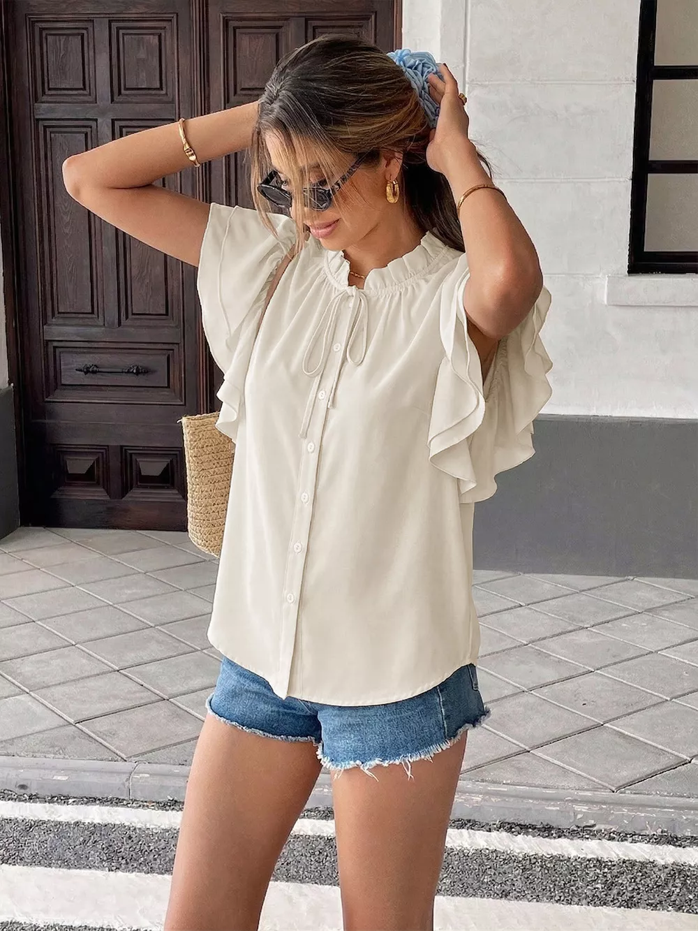 Ruffle Sleeve Tie-Neck Shirt, image 5