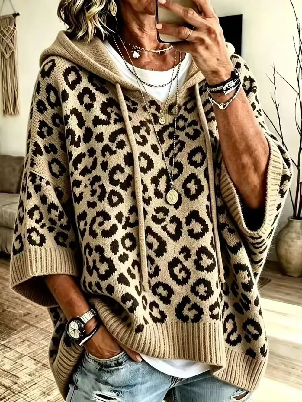 Full Size Leopard Print Hooded Knit Sweater Plus Size, image 14