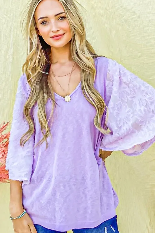 Feather Detailed 3/4 Sleeve Slub Top, image 2