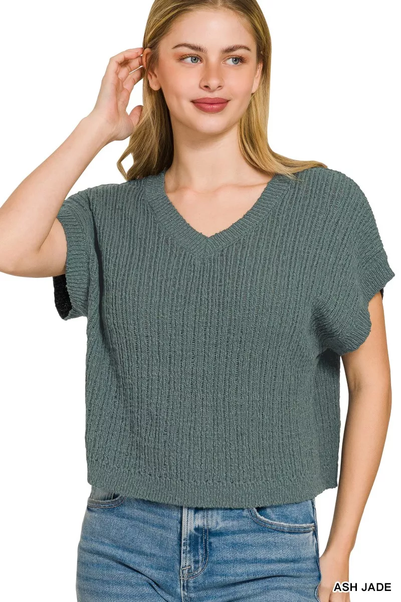 Textured Knit V-Neck Cropped Sweater, image 2