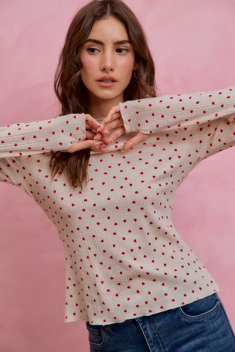 Ditsy Heart All Over Slub Rib Knit Valentine Top, image 2