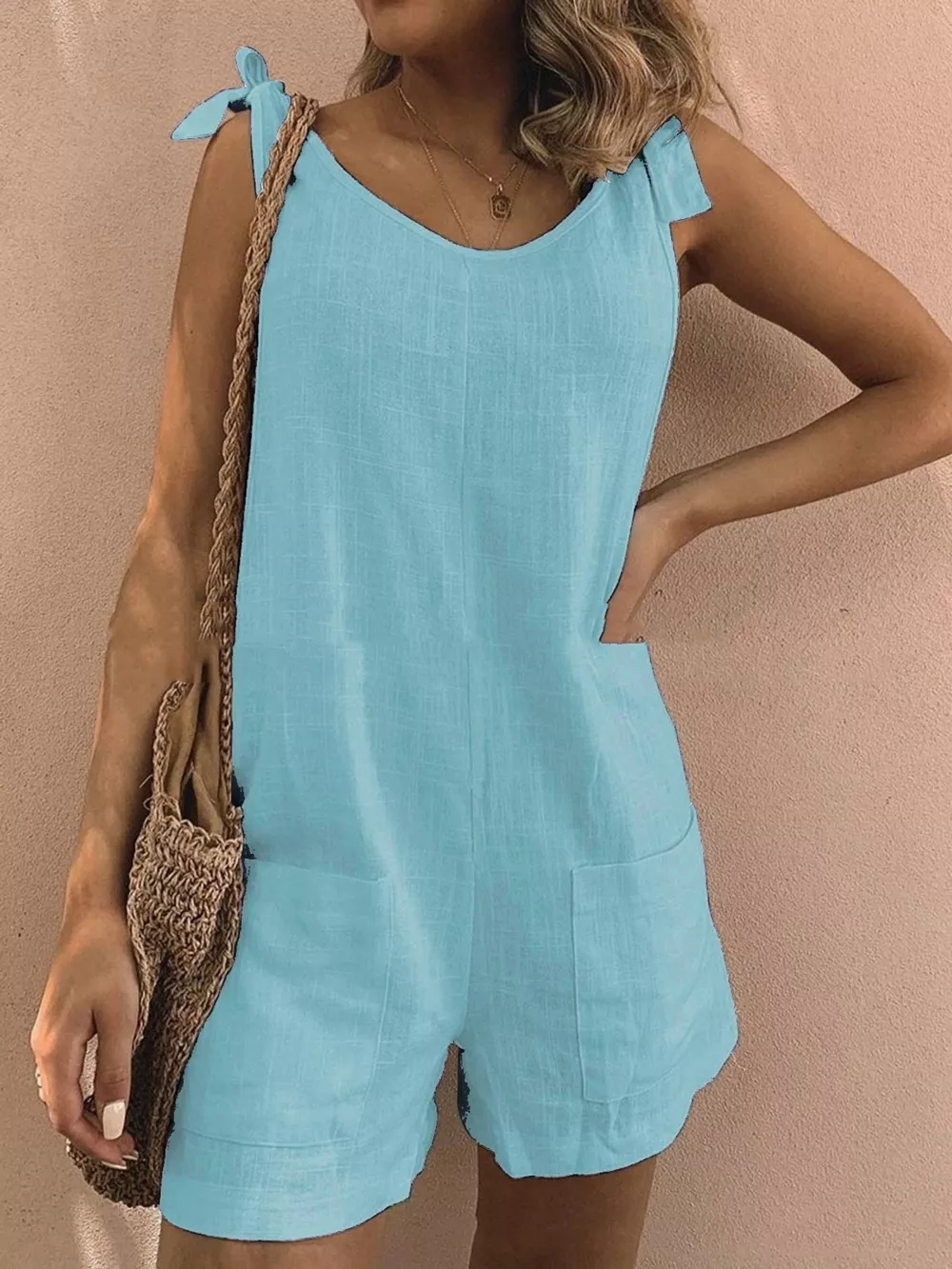 Full Size Tie-Shoulder Romper with Pockets Plus Size, image 6