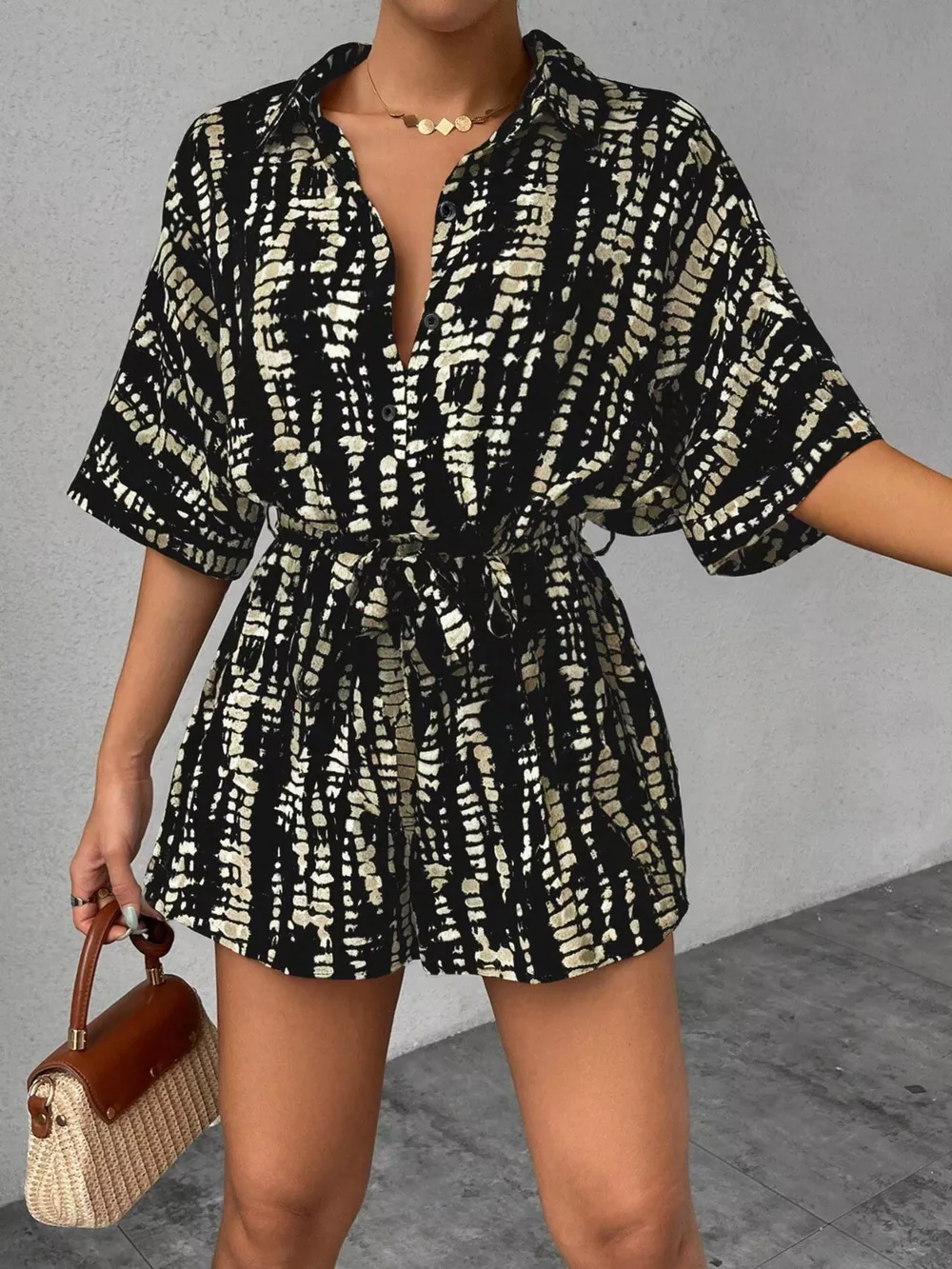 Striped Button-Up Belted Romper, image 10