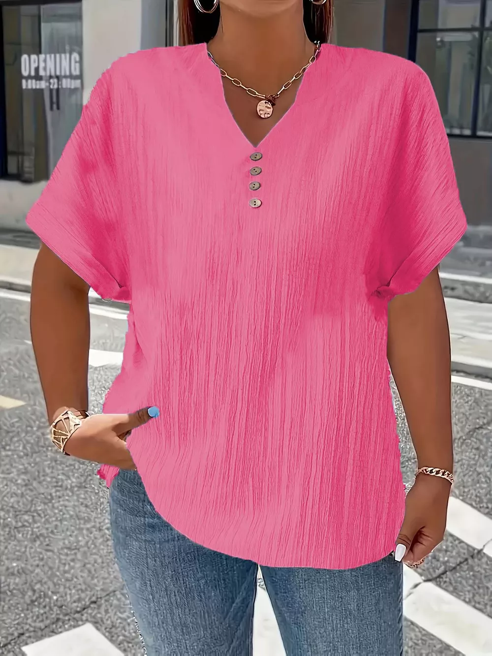 Plus Size Notched Short Sleeve Textured Top, image 8