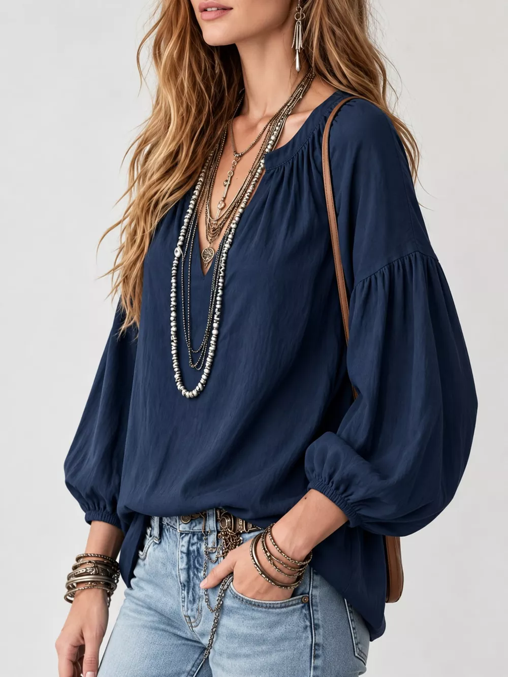 Full Size Notched Balloon Sleeve Blouse Plus Size, image 12