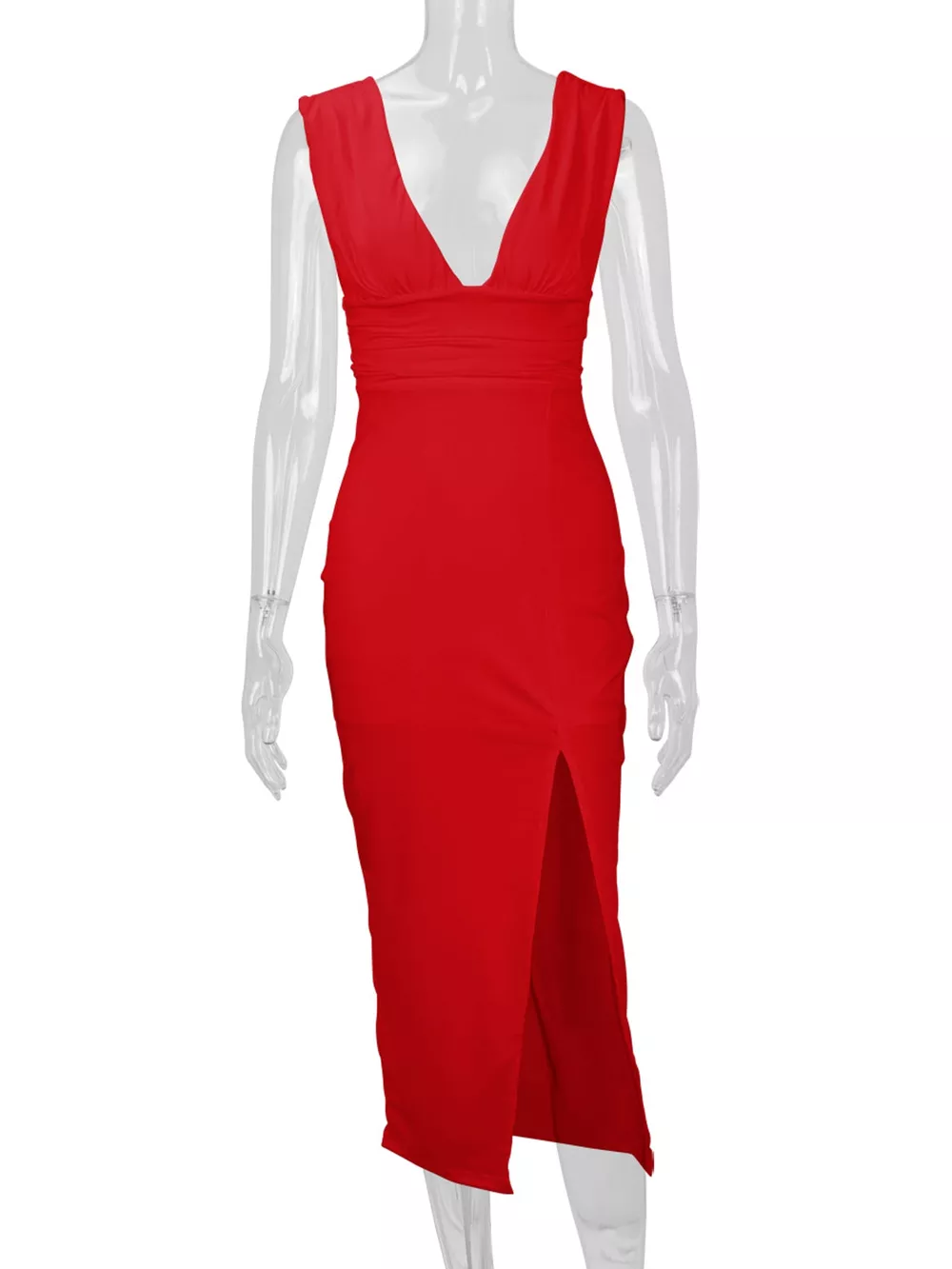 Sleeveless Deep V-Neck Ruched High Slit Bodycon Dress, image 11