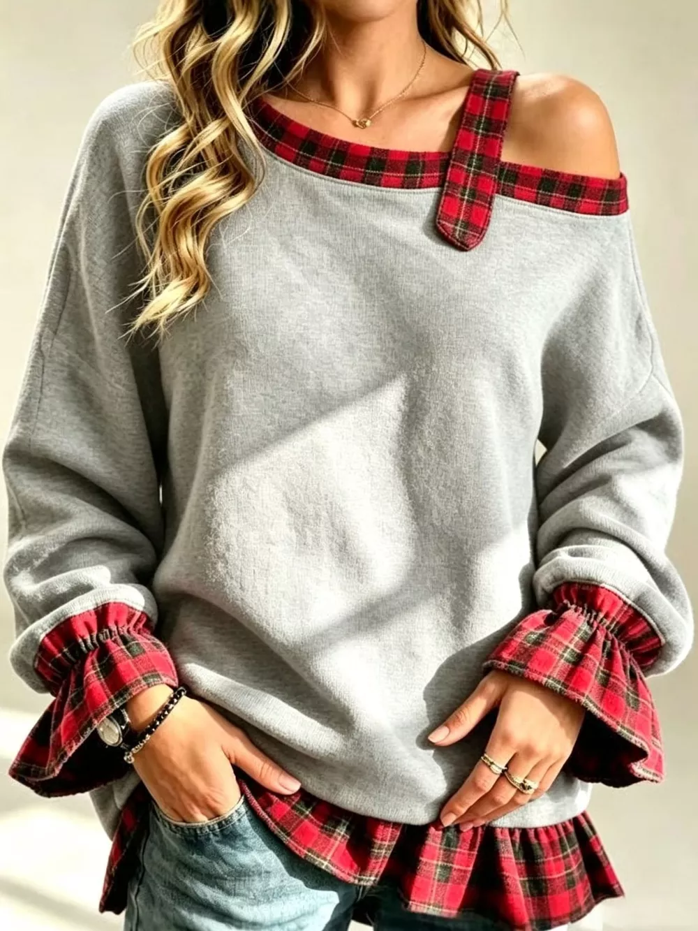 Full Size Plaid Ruffled Hem Asymmetrical Neck Sweatshirt Plus Size, image 5