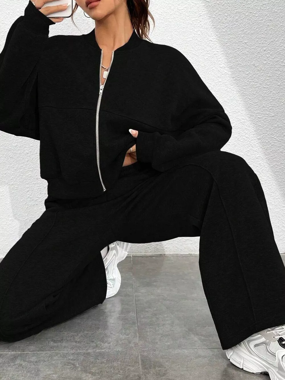 Casual Zip-Up Jacket and Wide-Leg Sweatpants Set, image 9