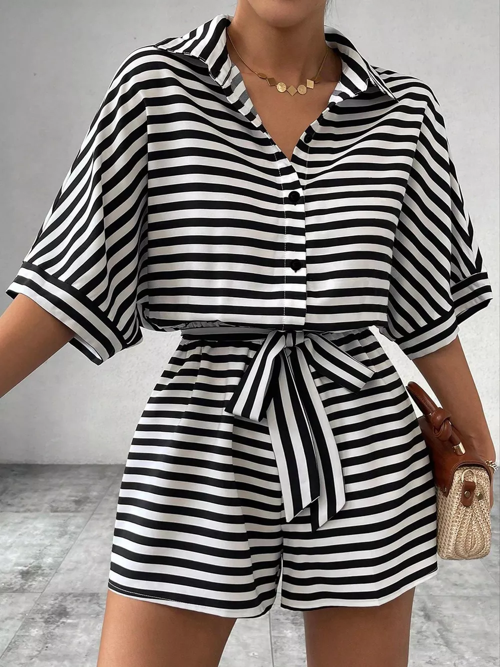 Striped Button-Up Belted Romper, image 3
