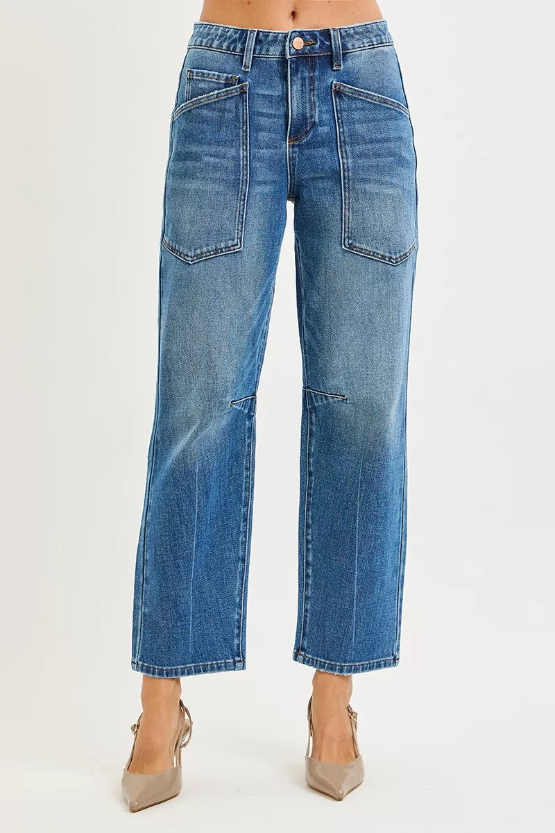 4 Way Stretch Mid Rise Barrel Jeans with Patch Pocket Detail