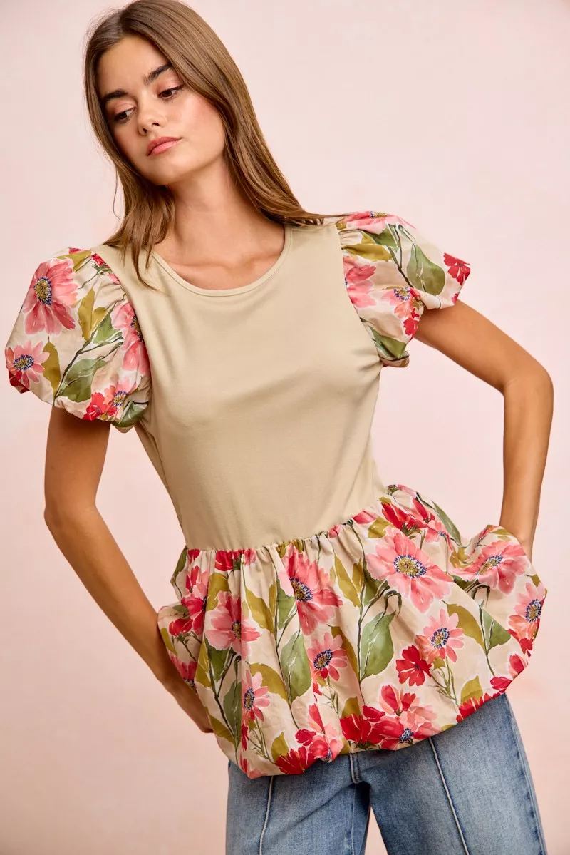 Floral Printed Bubble Sleeves and Hem Peplum Top, image 11