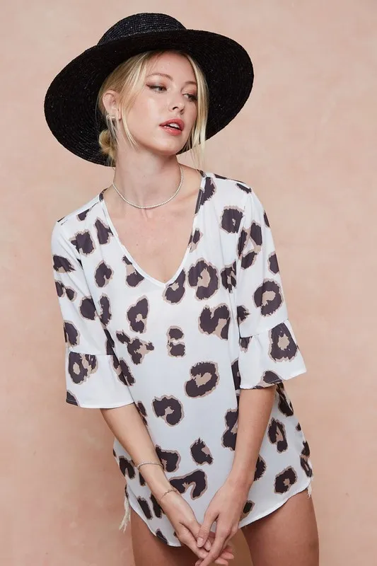Leopard Printed V Neck Woven Top with Ruffled, image 2