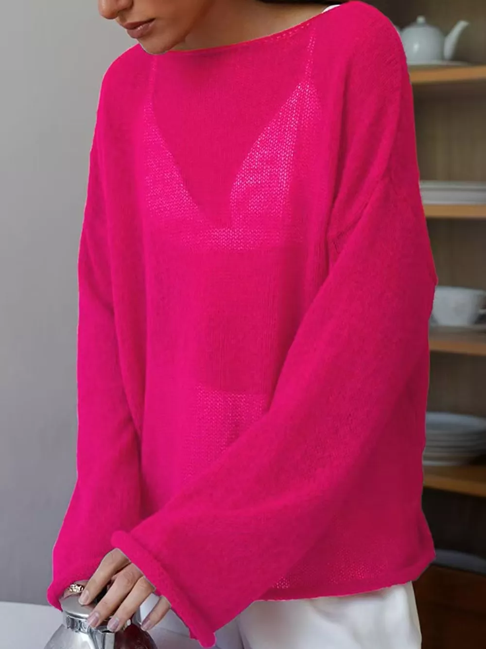 Full Size Sheer Lightweight Knit Top Plus Size, image 44