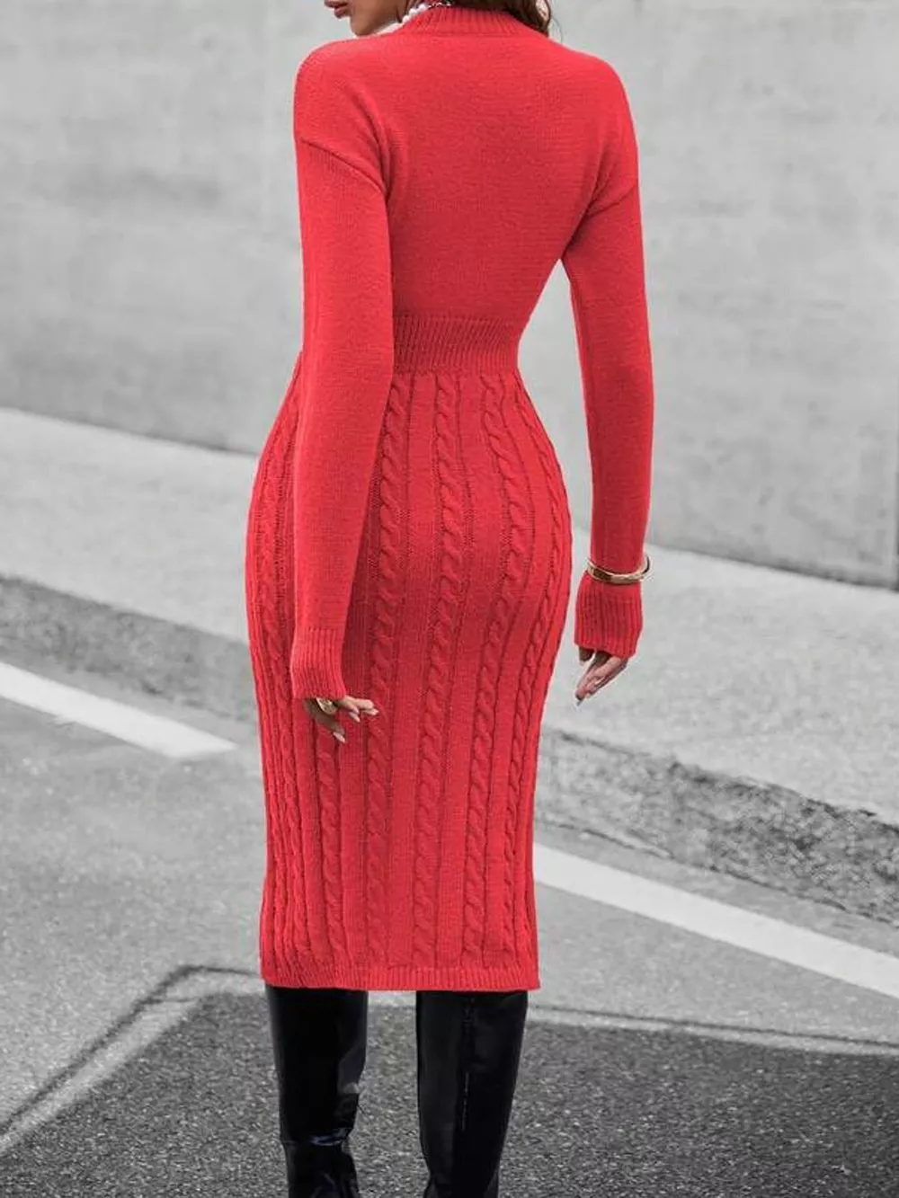 Full Size Mock Neck Cable Knit Sweater Dress with Front Slit Plus Size, image 22