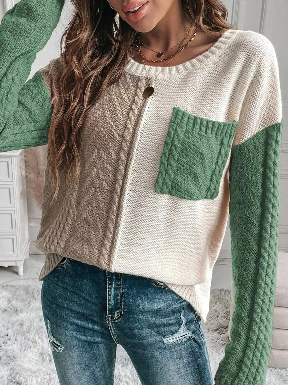Color Block Cable Knit Sweater, image 9