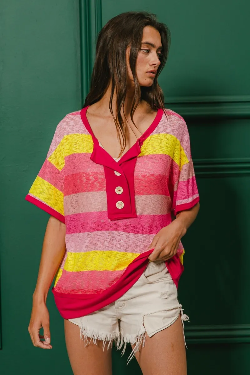 Multi Color Stripe Hacci Button Detail Ringer Top, image 9