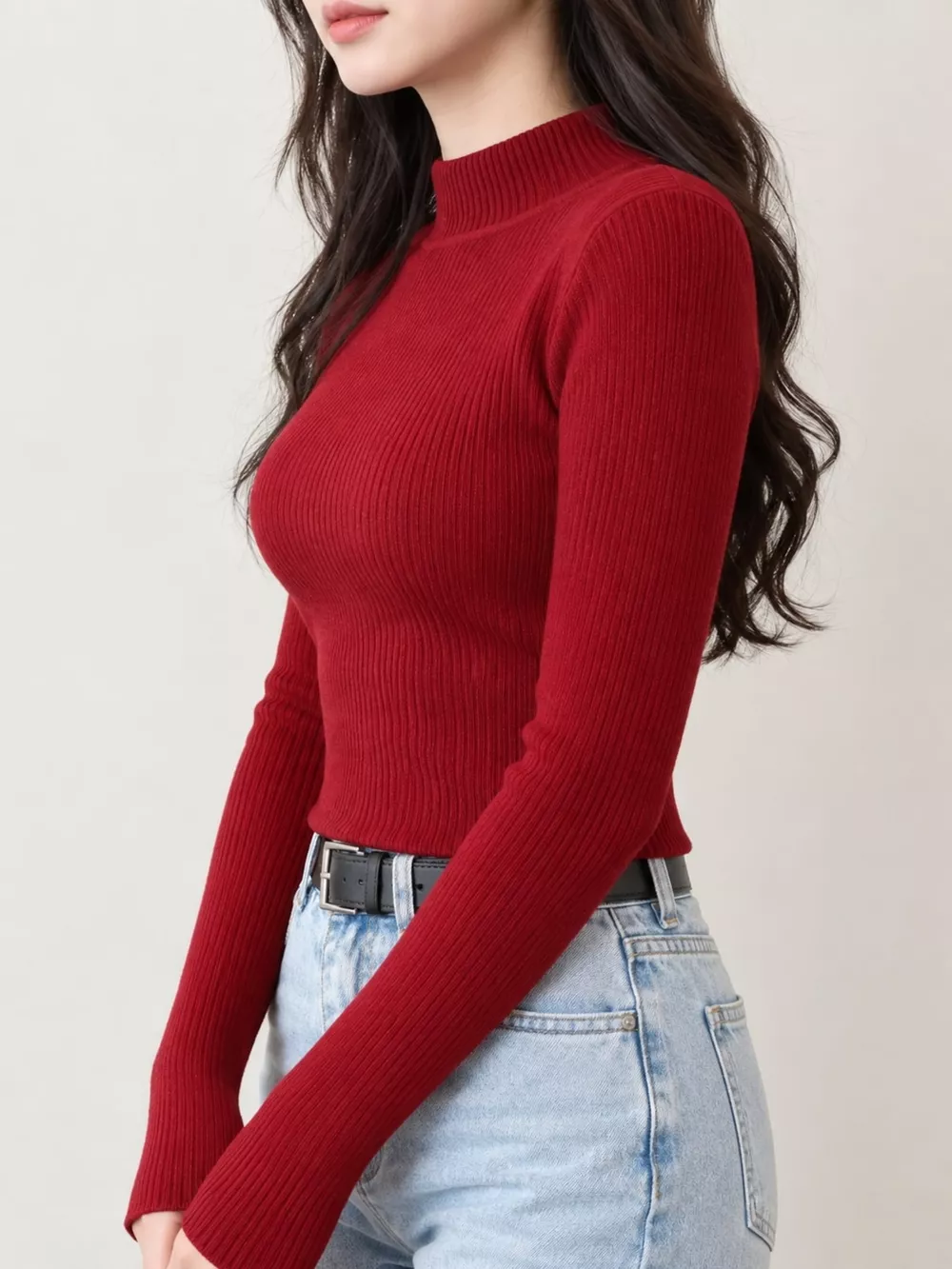 Elegant Slim-Fit Ribbed Mock Neck Knit Top, image 31