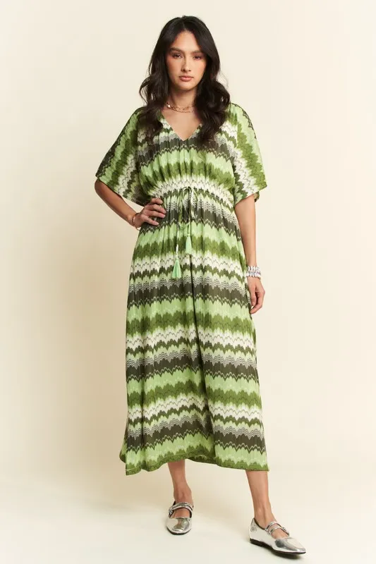 Multi Color Wavy Tie Waist Flowy Sleeve Dress