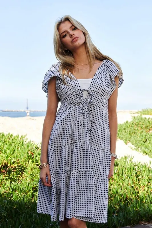 Jacquard V-Neck Flutter Cap Sleeve Tiered Dress, image 2