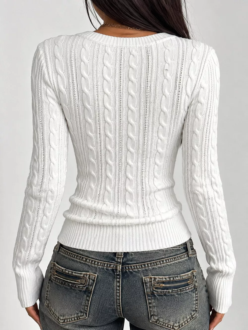 Slim-Fit Deep V-Neck Cable Knit Sweater, image 5