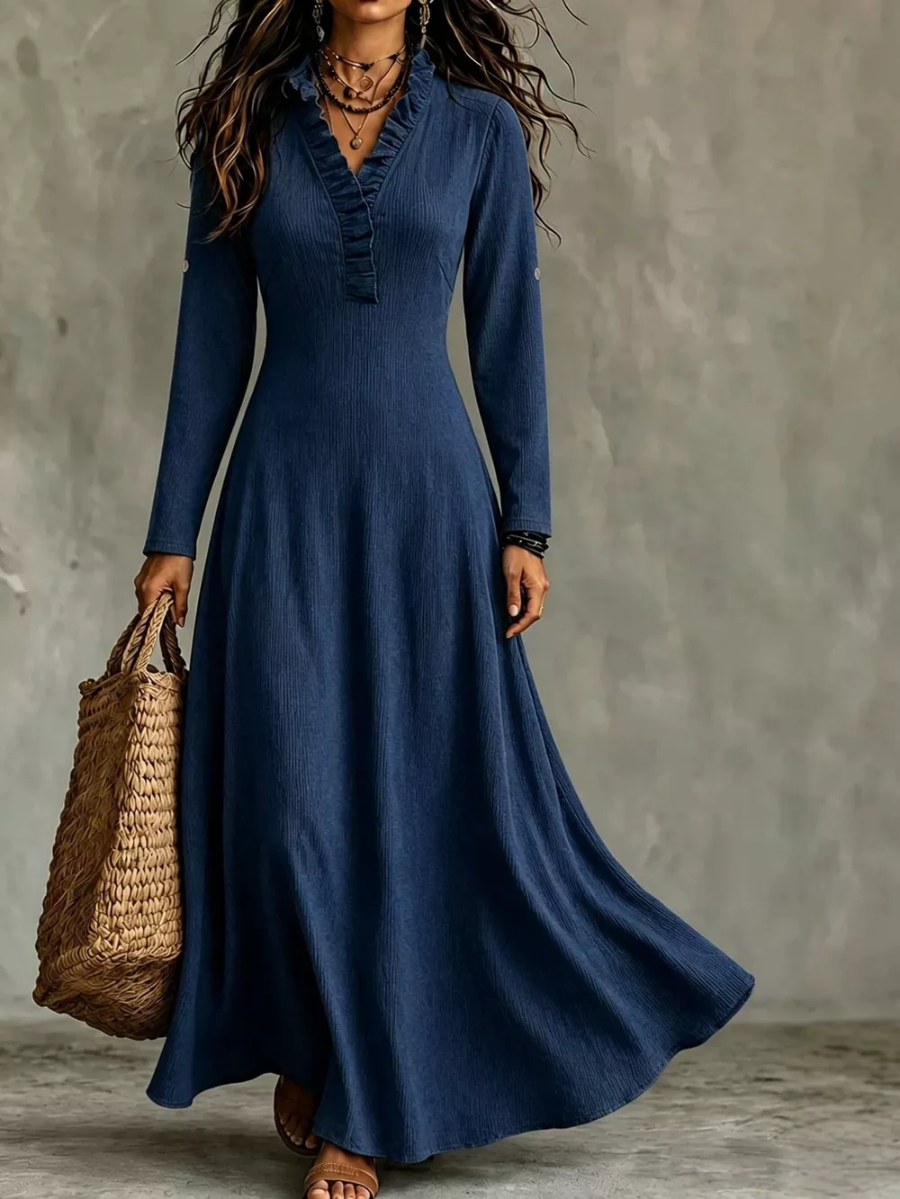 Full Size Frill Roll-Up Sleeve Maxi Dress Plus Size, image 26