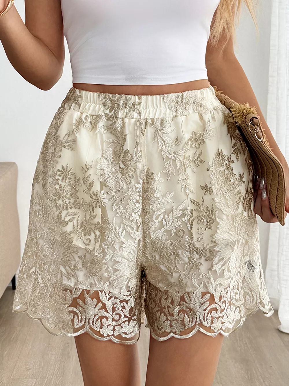 Lace Scalloped Hem Elastic Waist Shorts, image 9