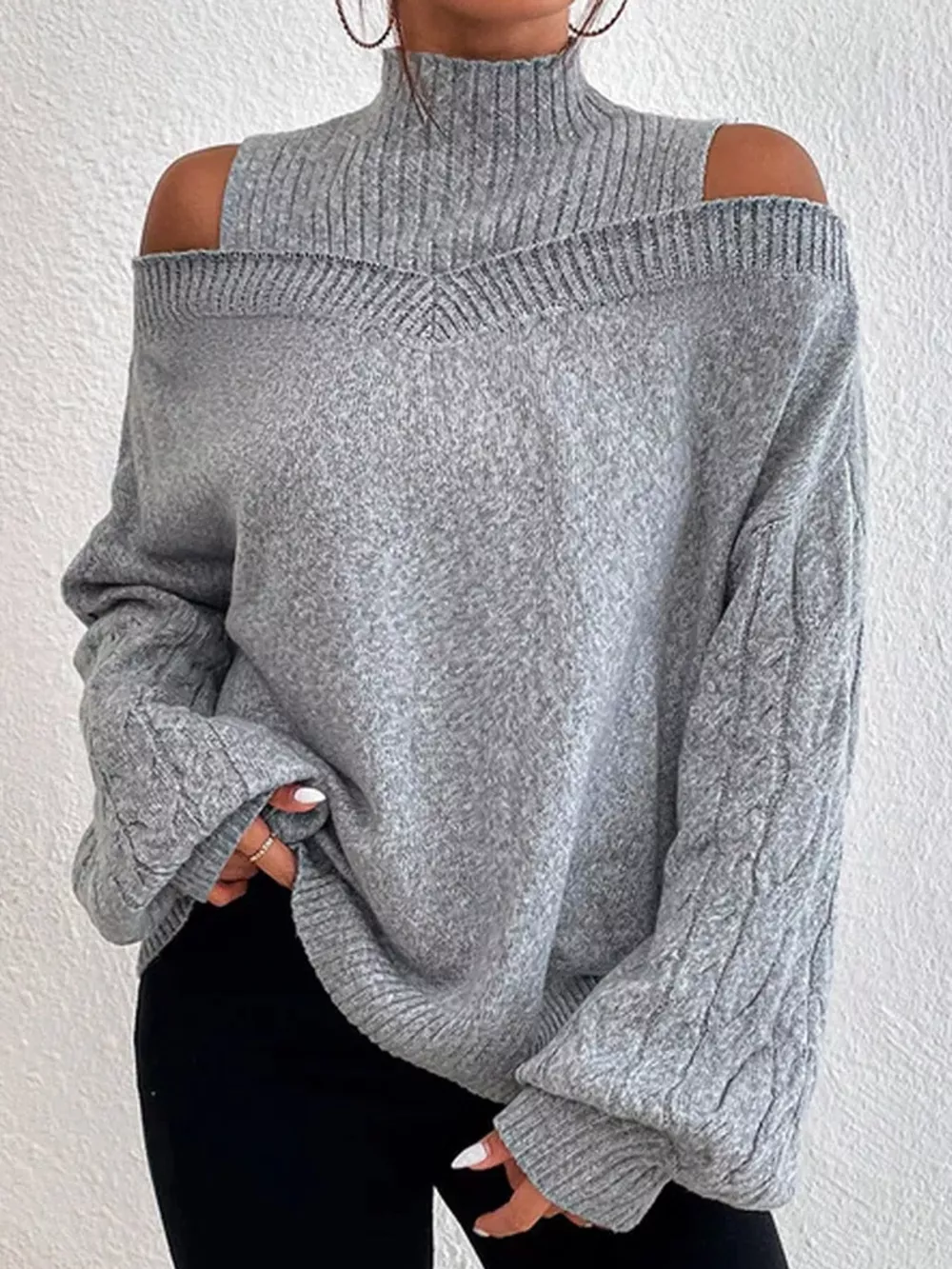 Full Size Cold Shoulder Mock Neck Cable Knit Sweater Plus Size