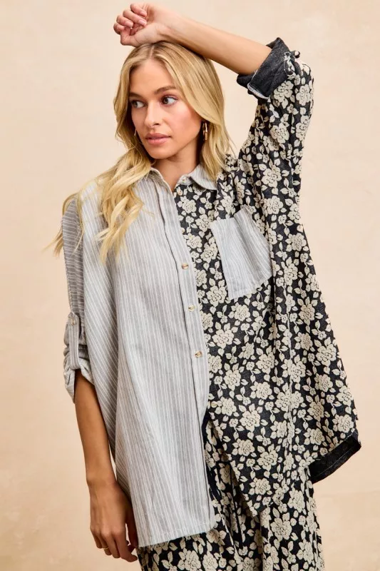 Stripes Jacquard Floral Mix And Match Shirt Top, image 13