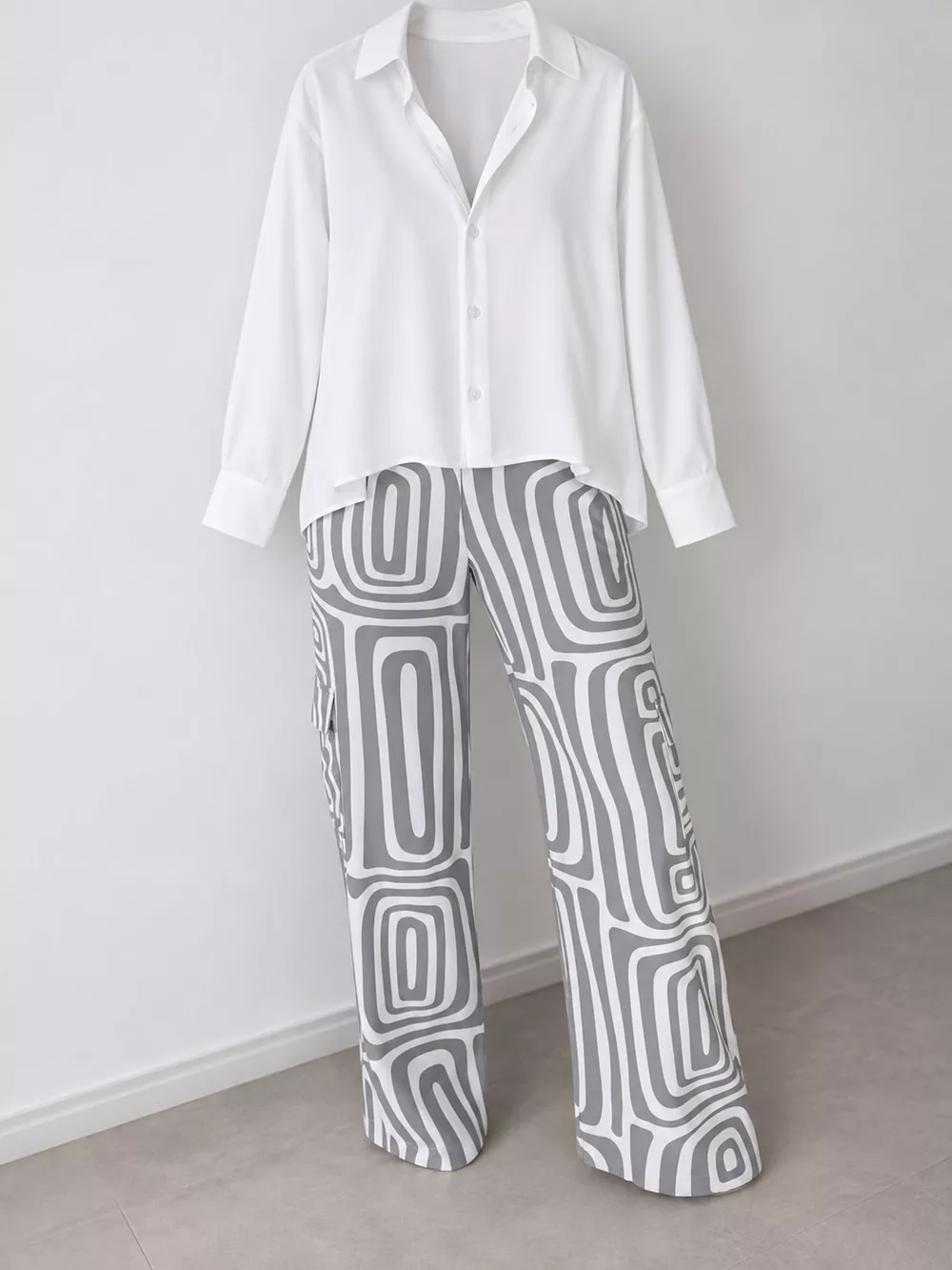 Full Size Chic Button-Down Shirt and Geometric Wide-Leg Pants Set Plus Size, image 11