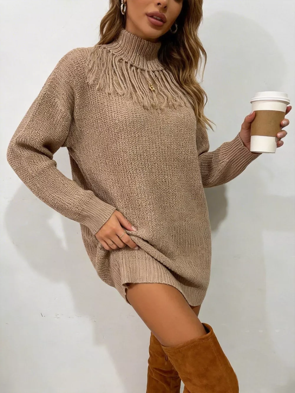 Full Size Turtleneck Fringe Detail Sweater Dress Plus Size, image 3