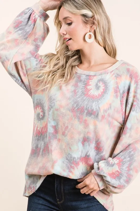 Brushed Tie Dye Print Top with Puff Sleeves, image 6