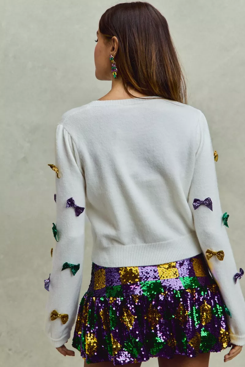 Mardi Gras Glitter Bow Ribbon Sweater Knit Top, image 17
