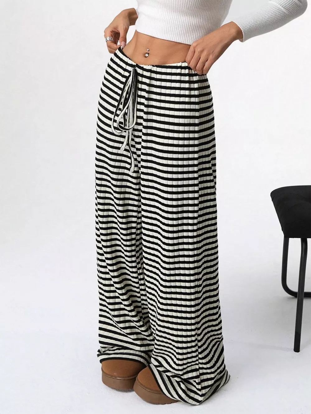Striped Ribbed Knit Drawstring Waist Wide Leg Pants, image 8