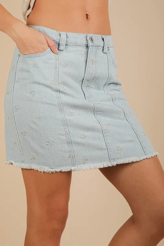 Bow Printed Casual Denim Mini Skirt, image 2