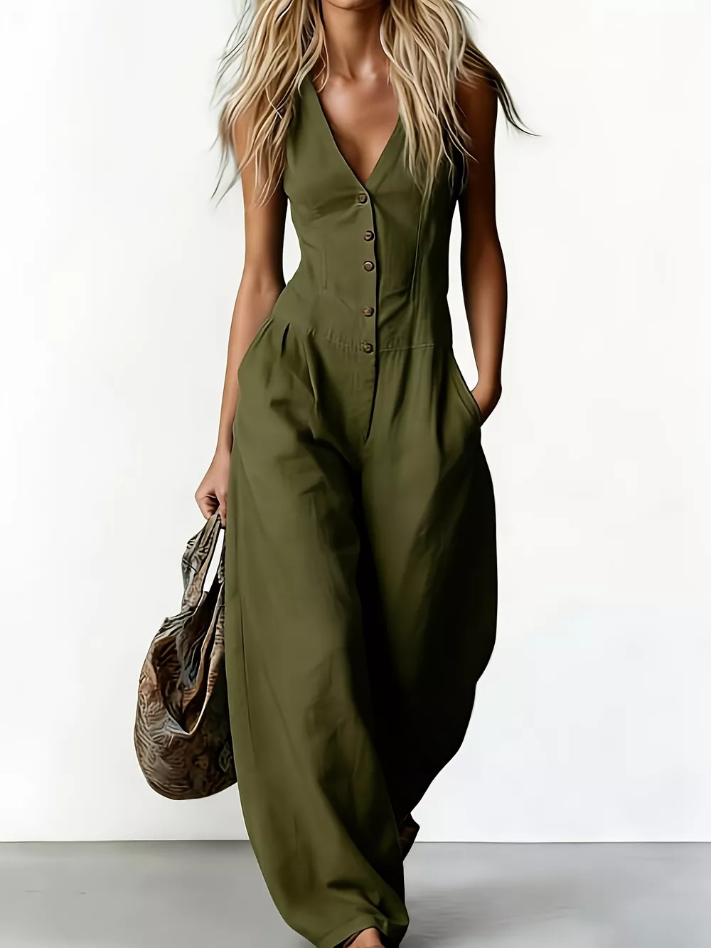 V-Neck Button-Down Wide-Leg Jumpsuit, image 6