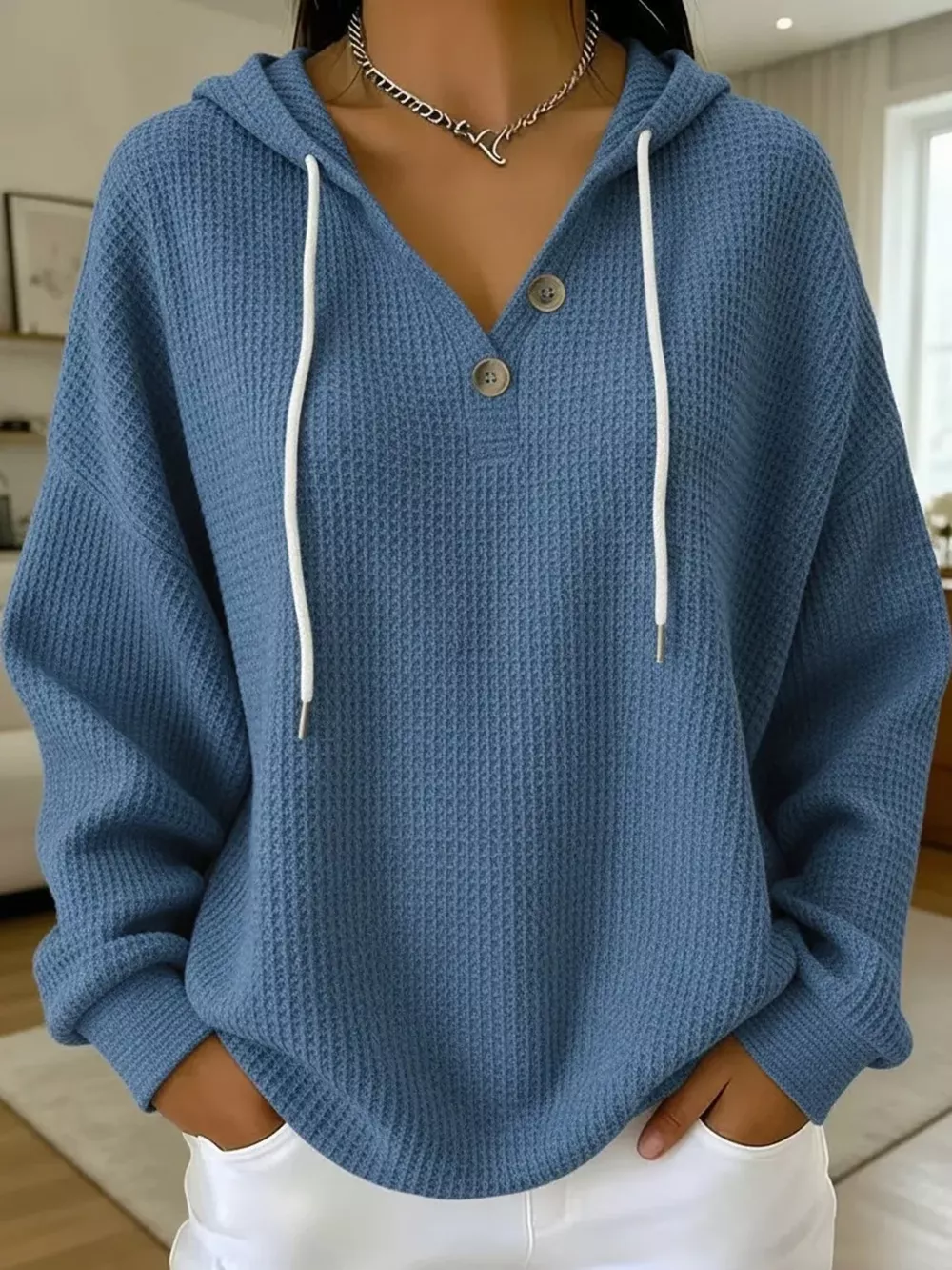 Full Size Waffle Knit Button Detail Hoodie Plus Size, image 45