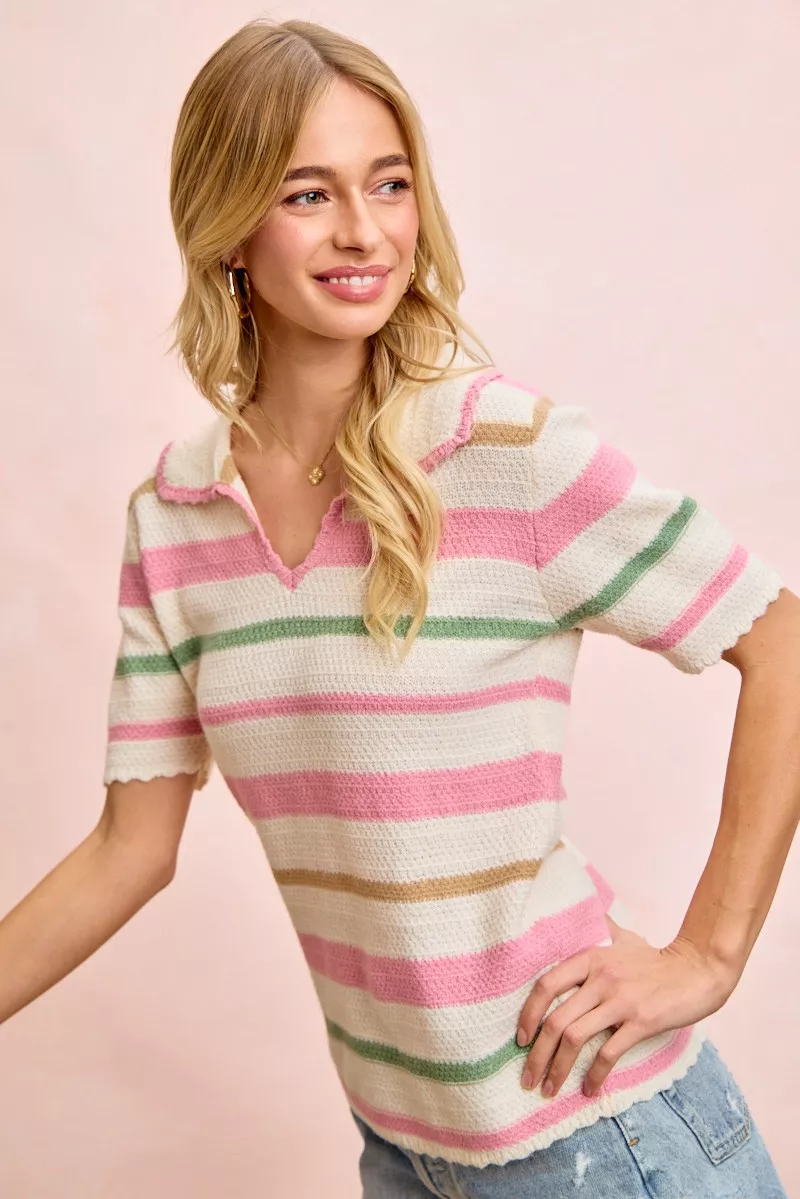 Multi Colors Stripes Collared Knit Top, image 12