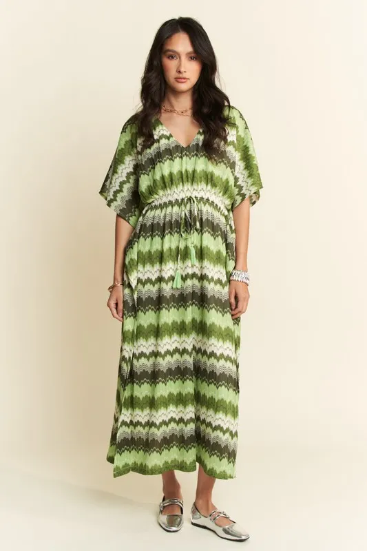 Multi Color Wavy Tie Waist Flowy Sleeve Dress, image 5