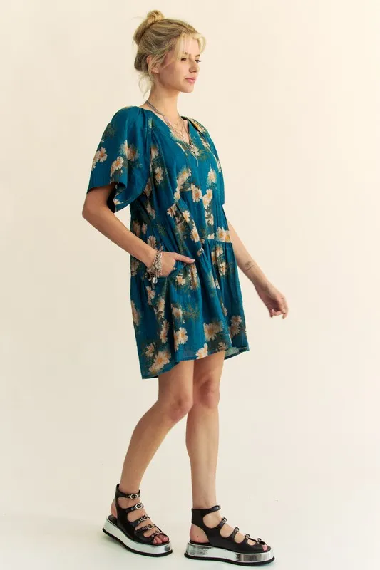 Floral Print Short Bell Sleeve Pleated Mini Dress, image 9