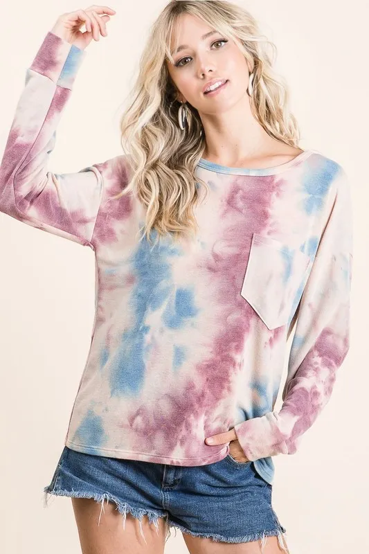 Tie Dye Print Terry Top With Front Patch Pocket, image 6