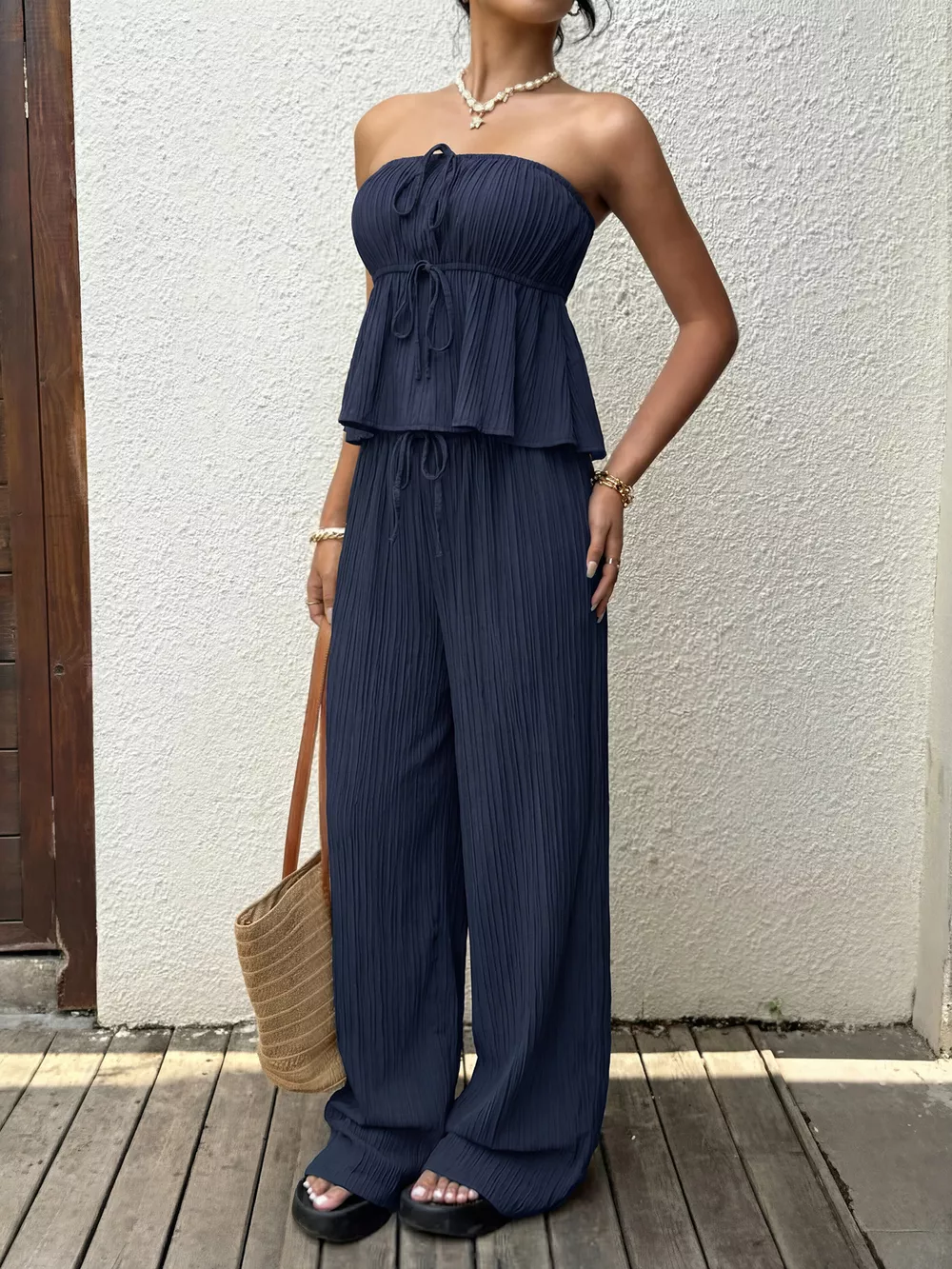 Textured Tube Top & Wide Leg Pants Set, image 3