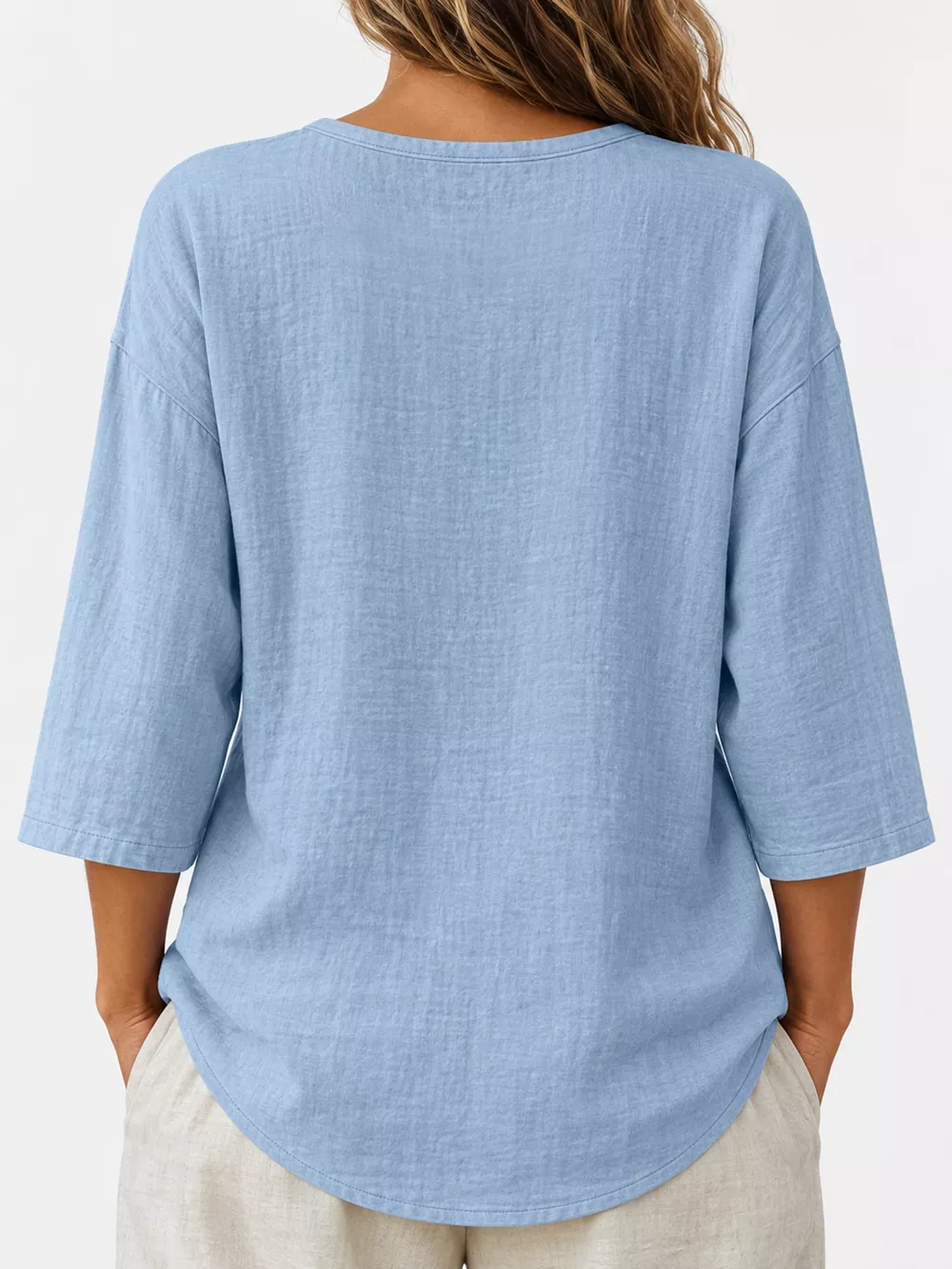 Full Size Button Detail Notched 3/4 Sleeve Blouse Plus Size, image 23
