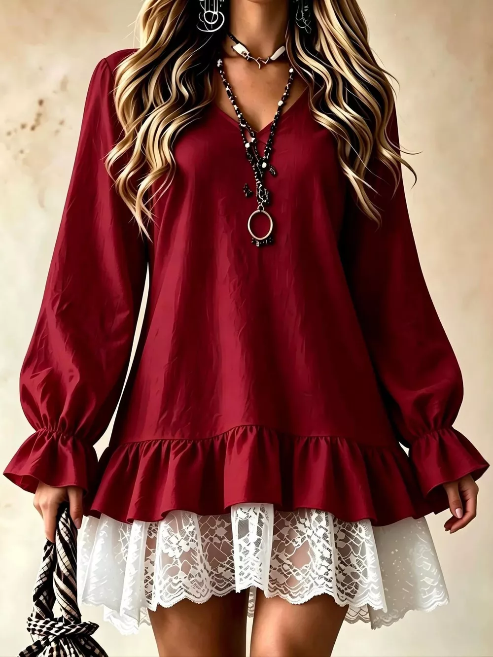 Lace Hem V-Neck Flounce Sleeve Dress, image 11