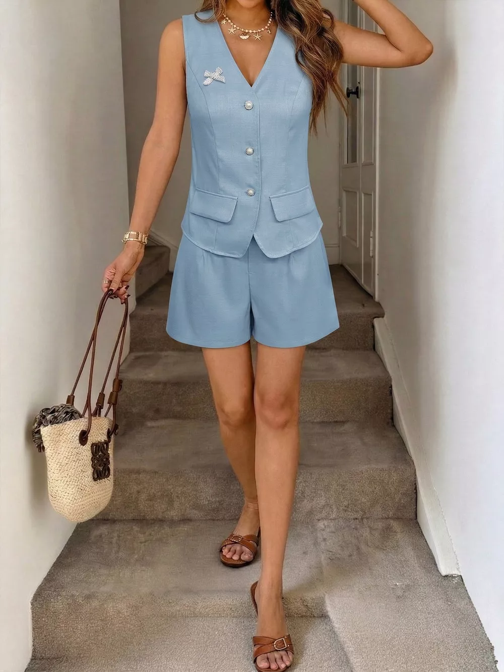 Button Up Vest & Shorts Two-Piece Set, image 5