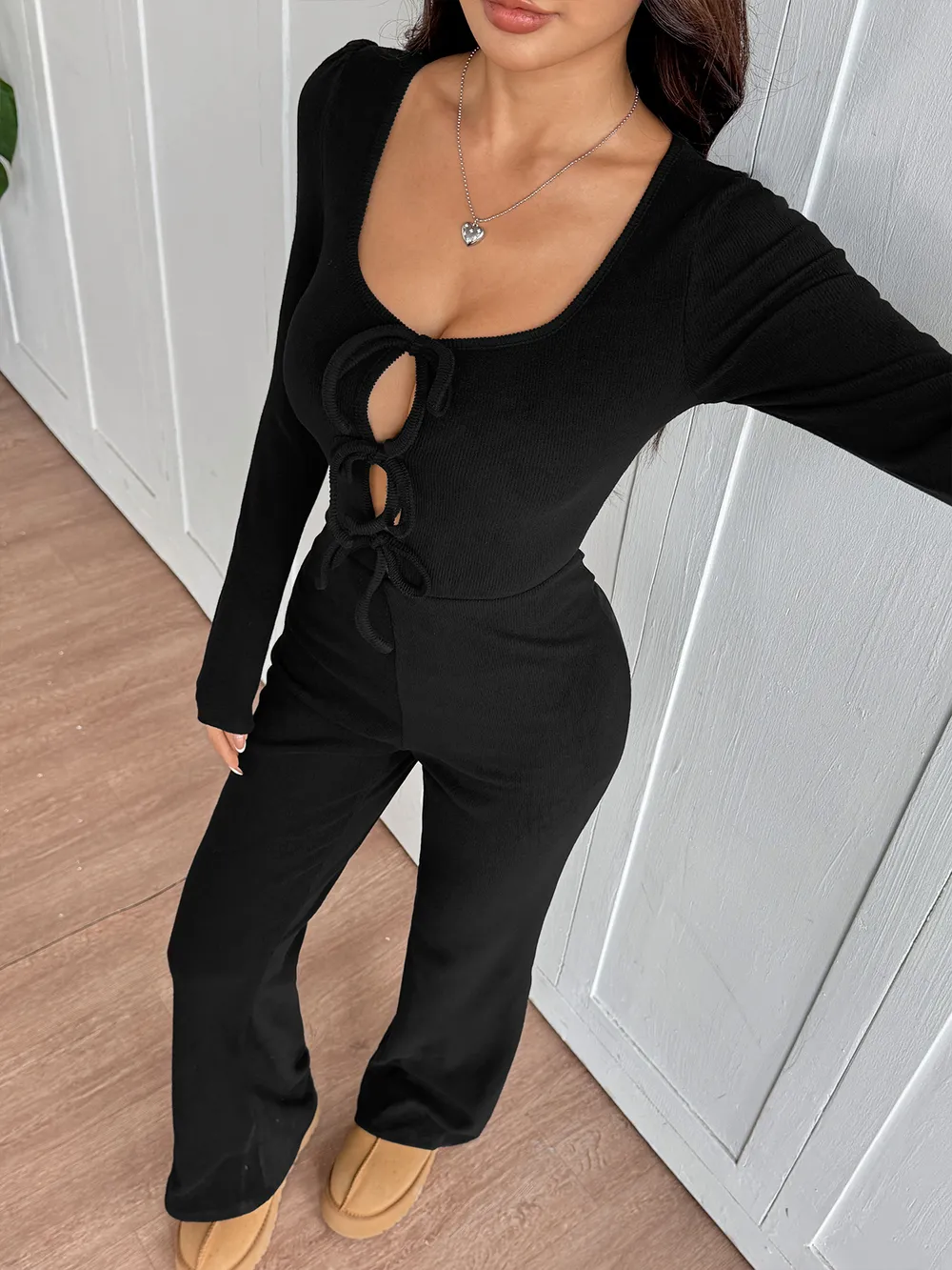 Tie Front Long Sleeve Flare Jumpsuit, image 10