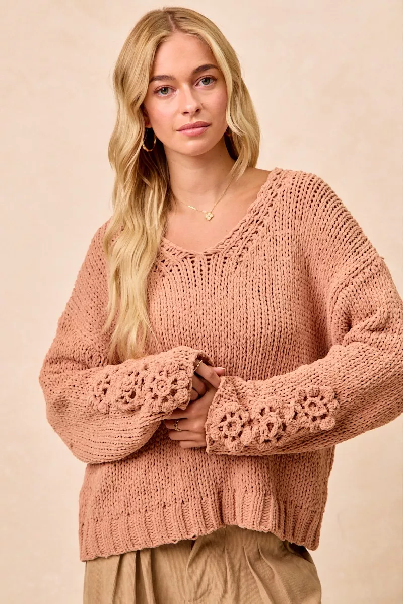 Chunky Knit Sweater with Flower Detail Sleeves, image 23