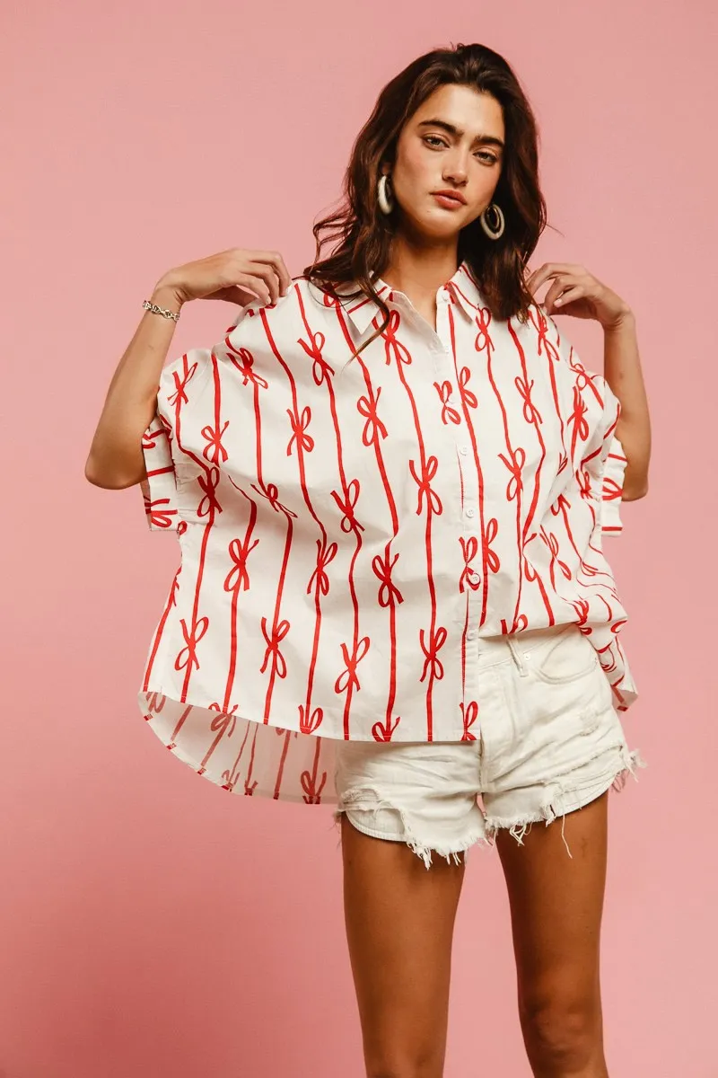 Bow Ribbon Woven Printed Button Down Shirt